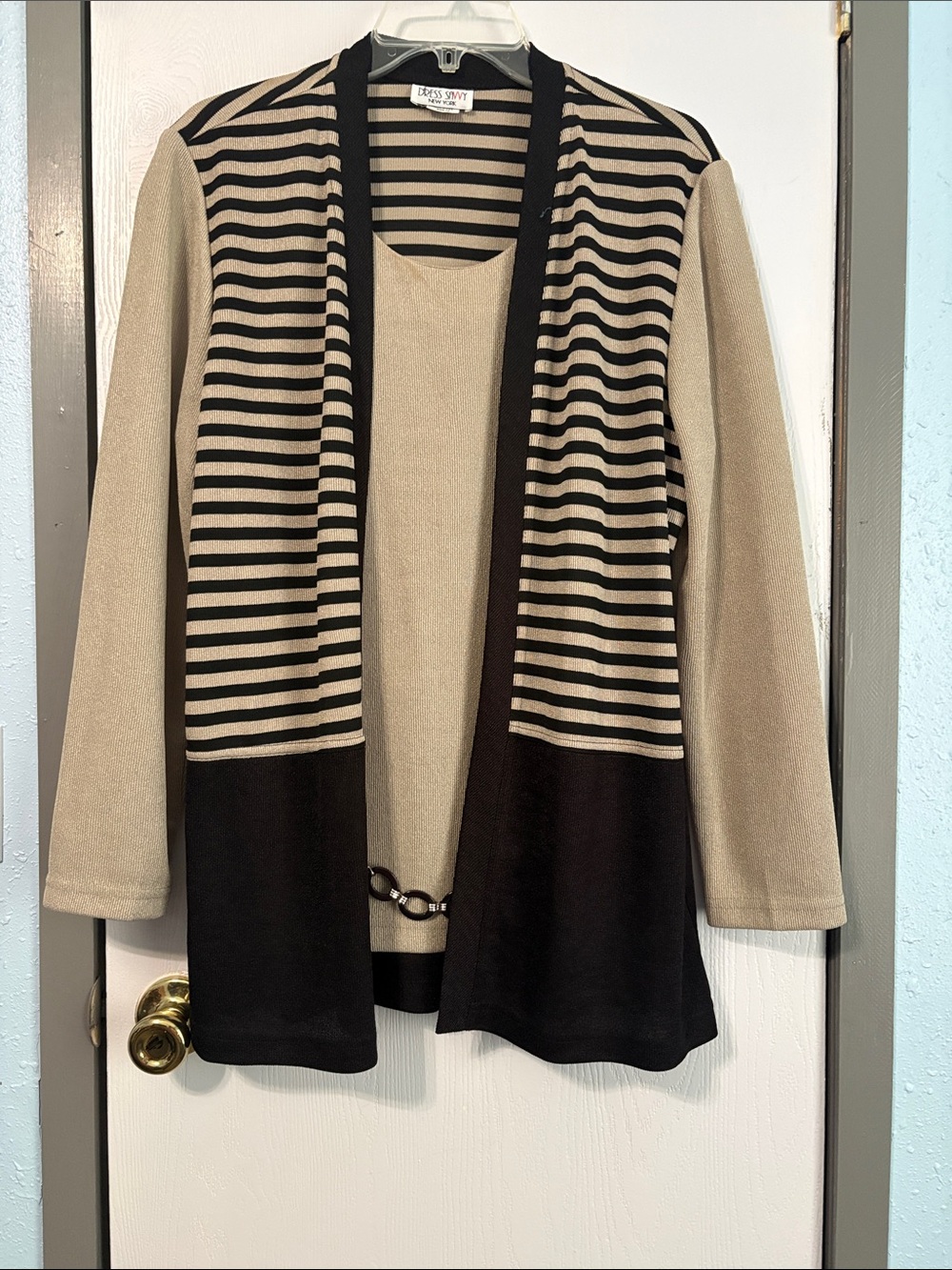 Striped Black and Beige Open-Front Cardigan Set